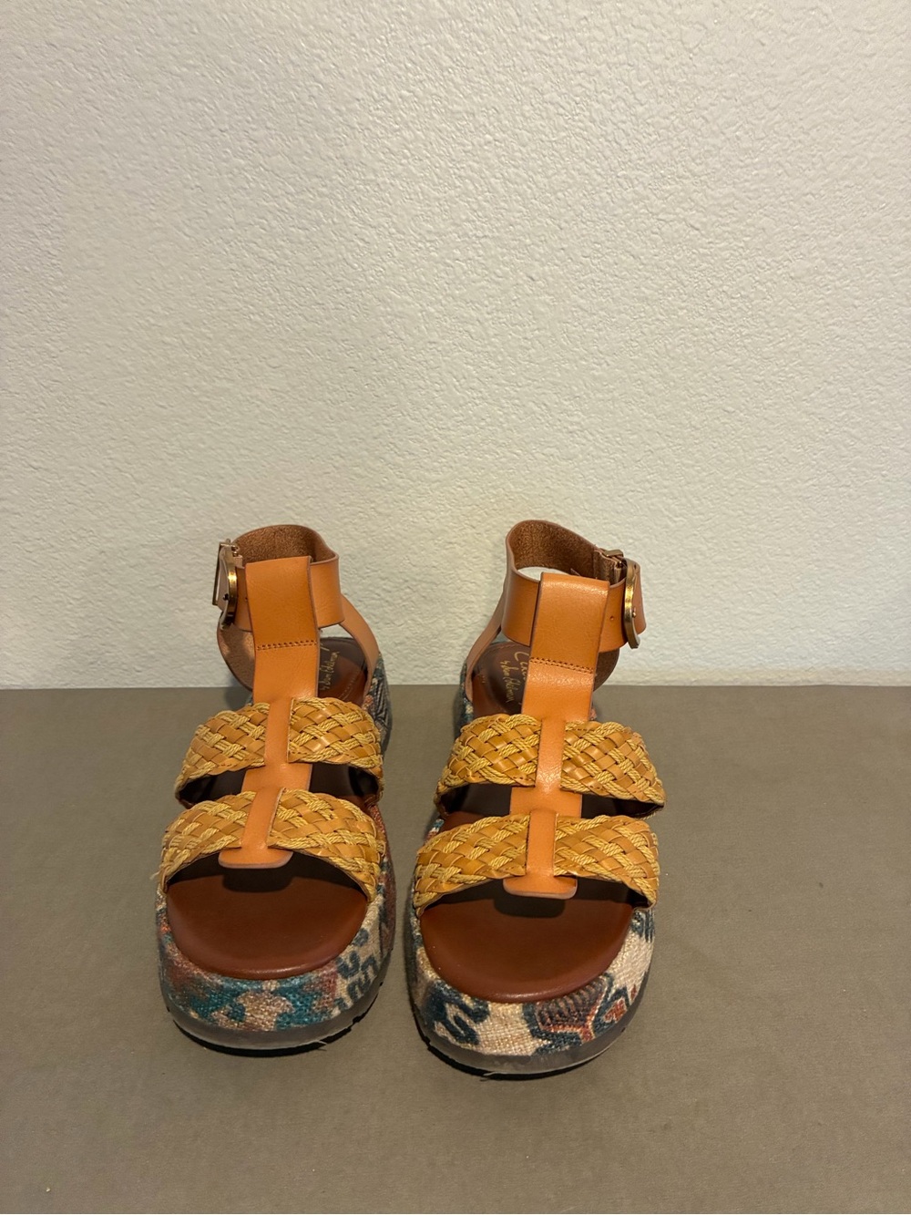 Circus by Sam Edelman Tan and Mustard Woven Platform Sandals with Ankle Buckle - Picture 2 of 7